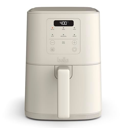 bella 4Qt Slim Air Fryer, Fits-anywhere™ Kitchenware, EverGood™ Ceramic Nonstick Coating, Adjustable Temperature, 6 Preset Cooking Options, 60 Min Auto Shutoff w Audible Tone, 3.3lb Capacity, Oatmilk