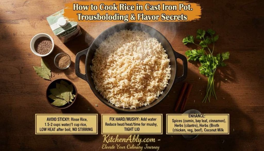 Troubleshooting Common Issues

Avoid sticky rice by rinsing it thoroughly under cold water. This removes extra starch that makes rice clump together. Use the right water-to-rice ratio; usually, one and a half to two cups of water for each cup of rice works well. Keep the heat low after boiling. Stirring rice while cooking can make it sticky, so avoid stirring once it simmers.

Undercooked rice feels hard or crunchy. Add a little more water and cover the pot again. Let it cook on low heat for a few more minutes. Overcooked rice looks mushy and wet. Reduce cooking time and heat next time. Using a tight lid helps keep steam inside, cooking rice evenly. A cast iron pot holds heat well, so watch cooking time closely to avoid burning.

Enhancing Flavor And Aroma

Spices and herbs bring extra flavor to rice cooked in a cast iron pot. Try adding cumin, bay leaves, or cinnamon sticks to the pot before cooking. Fresh herbs like cilantro or parsley can be stirred in after cooking for a fresh taste.

Using broth instead of water makes rice taste richer. Chicken, vegetable, or beef broth adds a deep, savory flavor. Other liquids like coconut milk or tomato juice can also be used to create unique tastes.

How to Cook Rice in Cast Iron Pot. Troubleshooting Common Issues